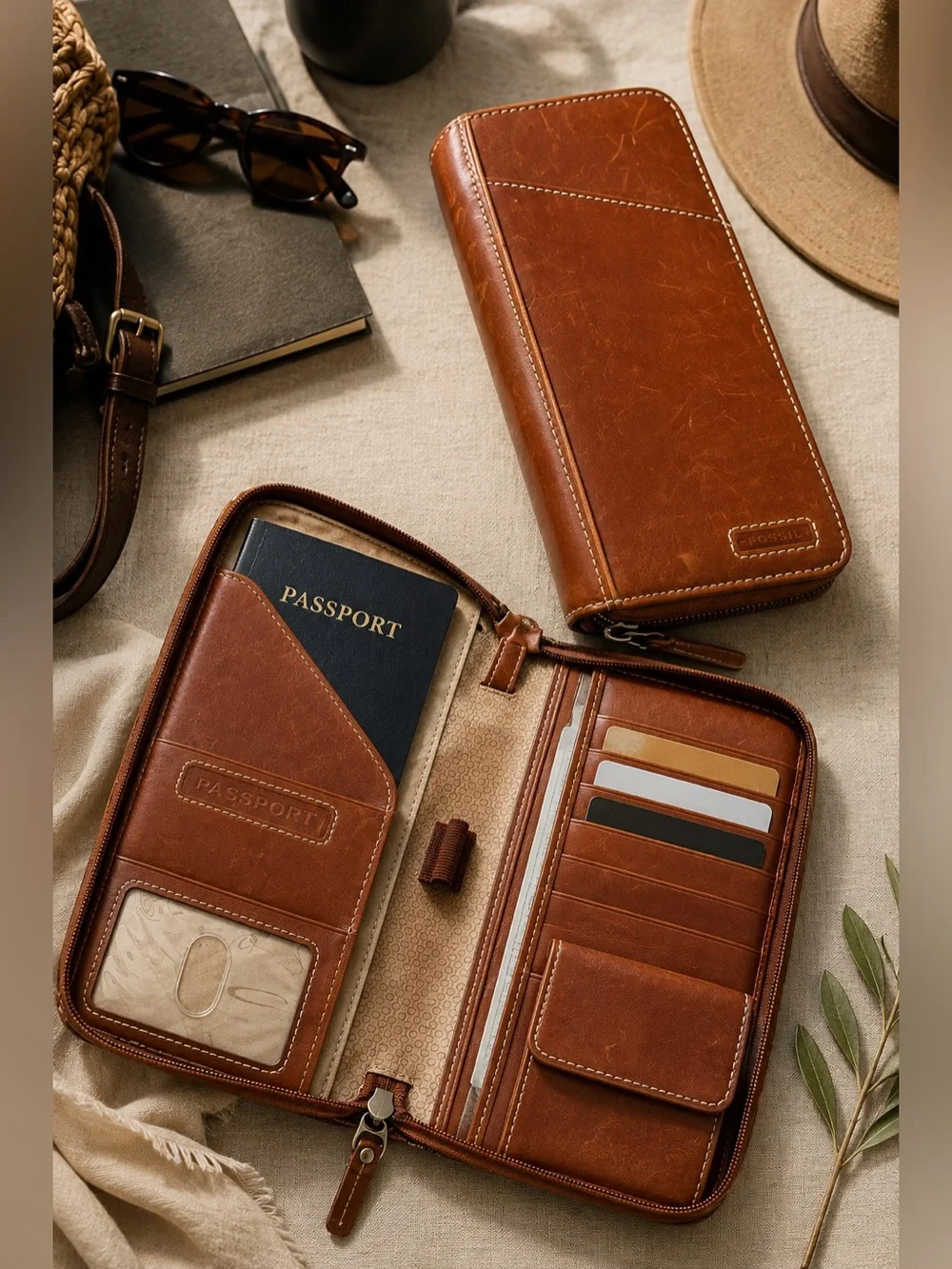 Fossil Genuine Leather Zip Around Passport Travel Organizer Wallet Brown